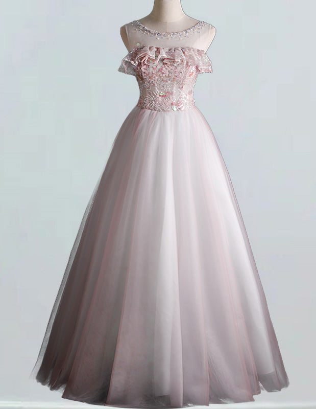 Women's Pink Tulle Ball Gown Bridal Dress with Beading & Sequins - Scoop Neck, Long Sleeve