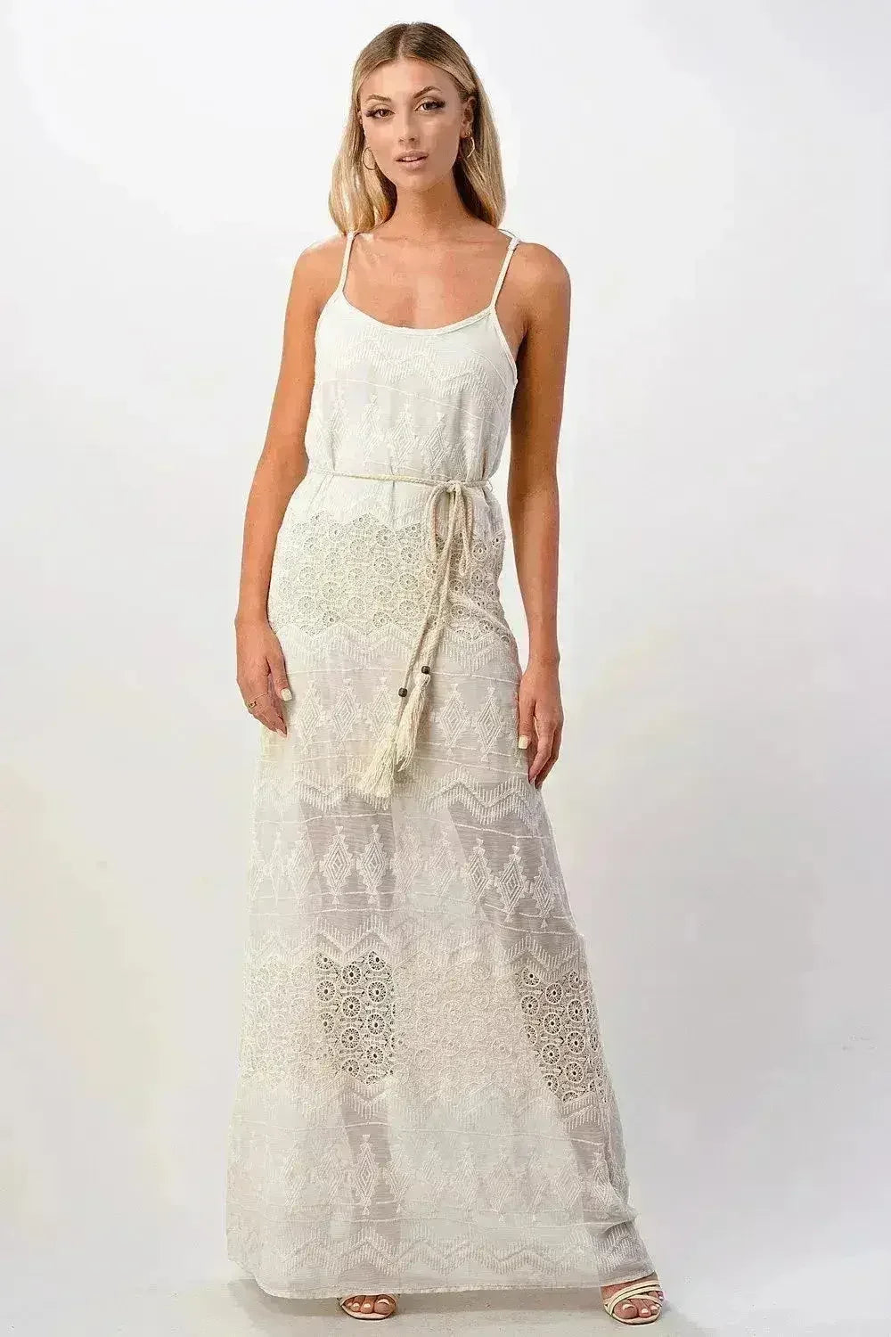 Boho Aztec Embroidered Maxi Dress Adjustable Straps - Femstylo