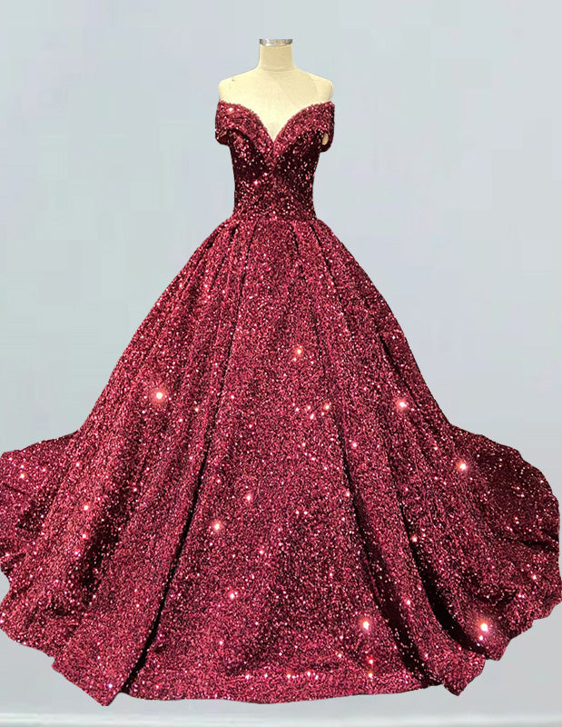 Burgundy Velvet Off-Shoulder Sequined Prom Dress with Long Train