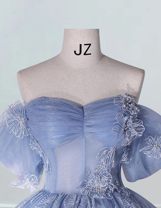 Blue sweetheart beaded lace ball gown ruffle sleeveless bridal prom dress evening party gown