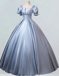 Women's Elegant Blue Lace Applique Prom Dress with Pockets & Short Sleeves
