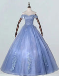 Blue off the shoulder lace applique floor length tulle ball gown quinceanera dress