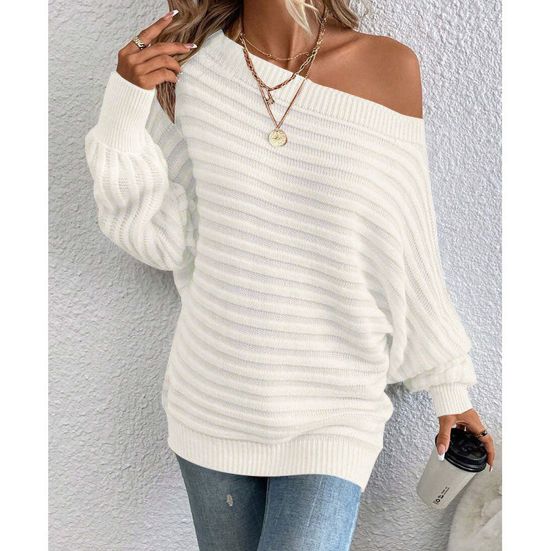 Off-Shoulder Batwing Sweater – Loose Knit Pull-Over for Fall
