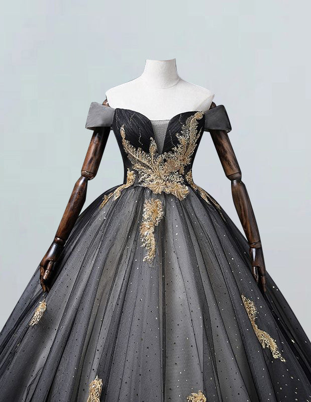 Black off the shoulder princess ball gown gold lace applique wedding gown evening gown