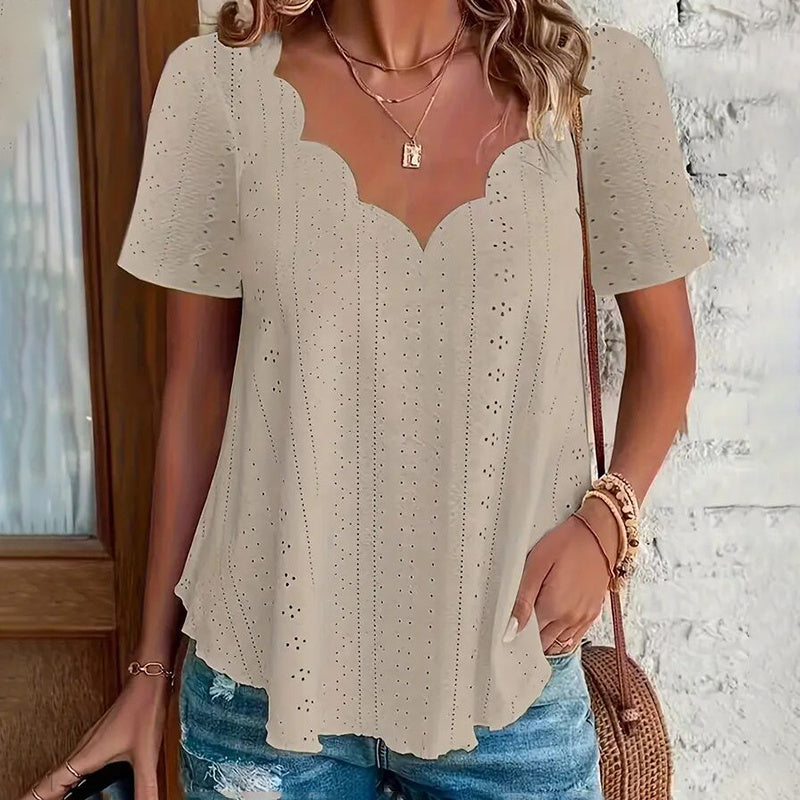 Womens Summer Scallop Trim V Neck Eyelet T-Shirt Short Sleeve Top Dressy Casual Tunic Blouses