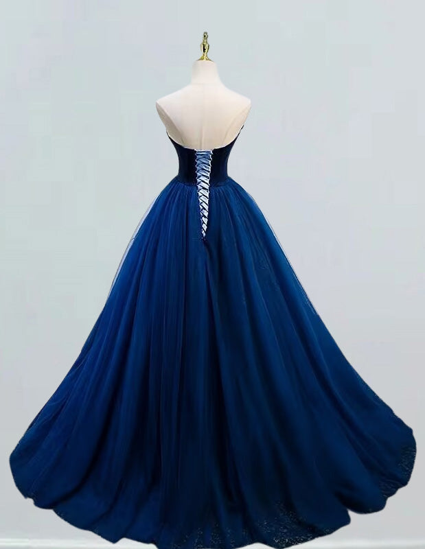 Navy Blue Strapless Beaded Evening Gown | Girls' Elegant Prom & Formal Dress