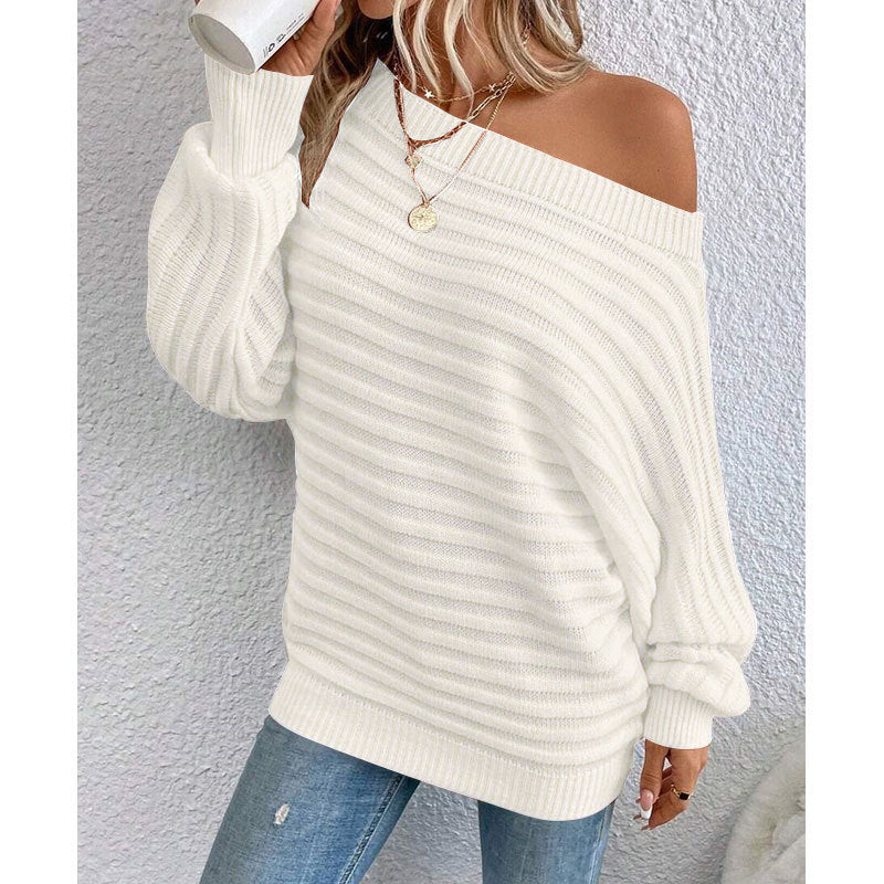 Off-Shoulder Batwing Sweater – Loose Knit Pull-Over for Fall