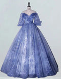 Blue off the shoulder long sleeve floor length lace ball gown quinceanera dress