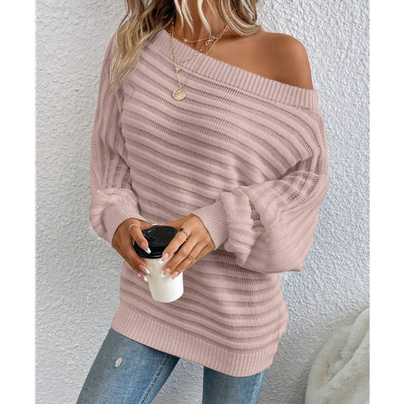 Off-Shoulder Batwing Sweater – Loose Knit Pull-Over for Fall