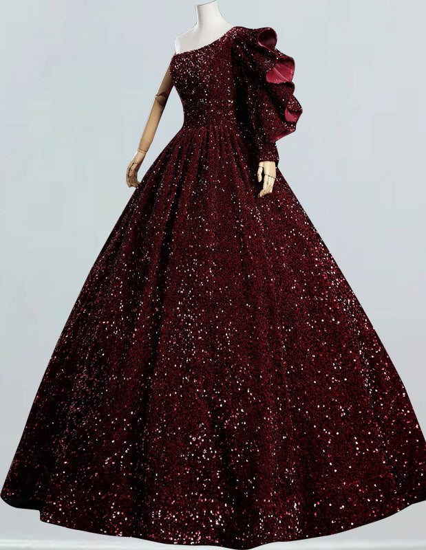 Burgundy Sequin One-Shoulder Prom Dress | Girls' Elegant Evening Gown