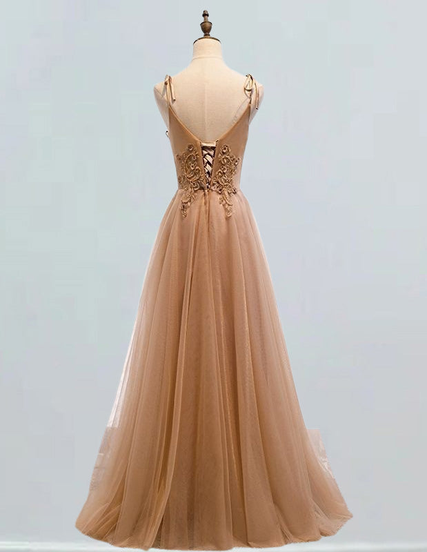 Women's Elegant Tulle Lace Applique Prom Dress | Spaghetti Strap Evening Gown