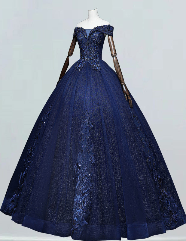 Navy Off-Shoulder Beaded Lace Ball Gown | Elegant Prom & Evening Dress