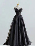 Black strapless ruffle long tulle prom dress ball gown