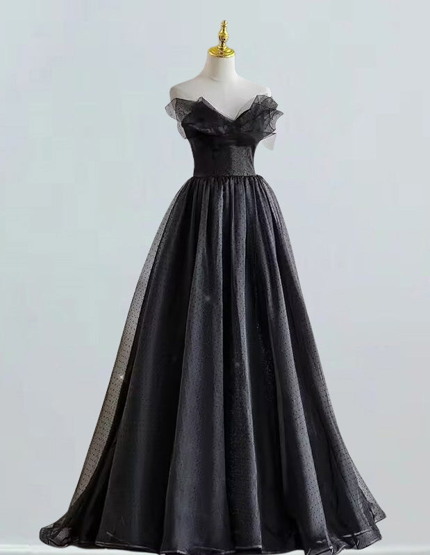 Black strapless ruffle long tulle prom dress ball gown