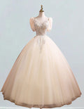 Girls' Elegant Beaded Lace V-Neck Quinceanera Dress | Tulle Ball Gown Evening Wear