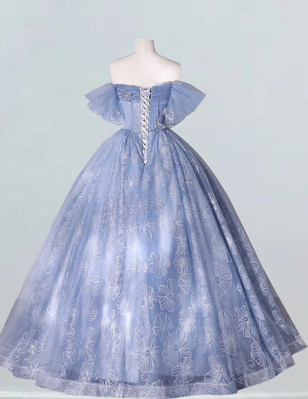 Blue sweetheart beaded lace ball gown ruffle sleeveless bridal prom dress evening party gown