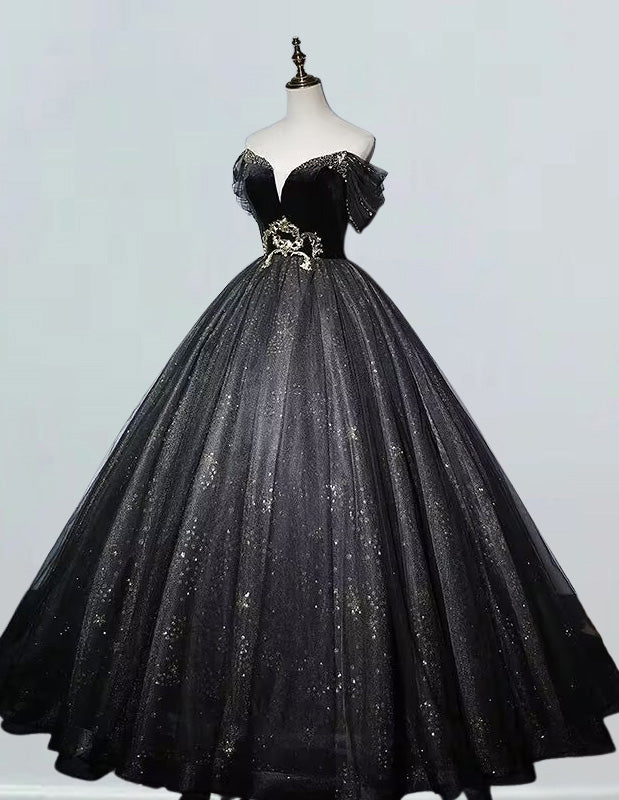 Black off the shoulder prom dress ball gown sparkle tulle floor length evening dress gown princess party dress