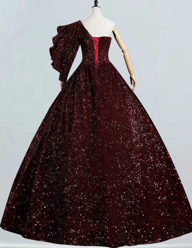 Burgundy Sequin One-Shoulder Prom Dress | Girls' Elegant Evening Gown