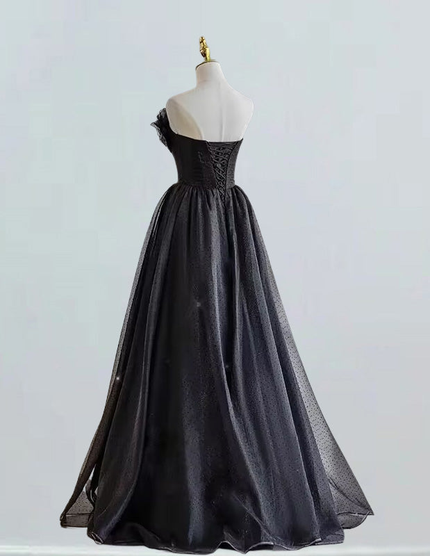 Black strapless ruffle long tulle prom dress ball gown