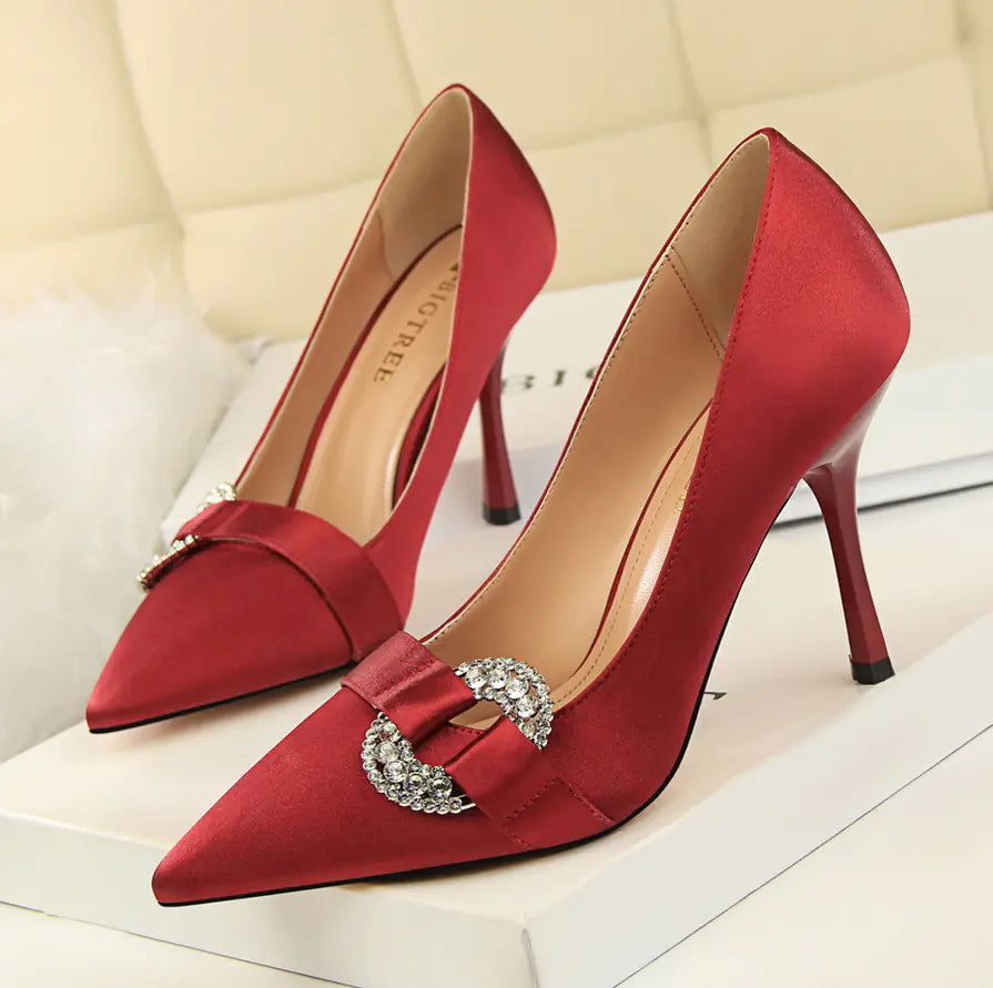 Satin Pointed Toe High Heel Shoes with Rhinestone Buckle
