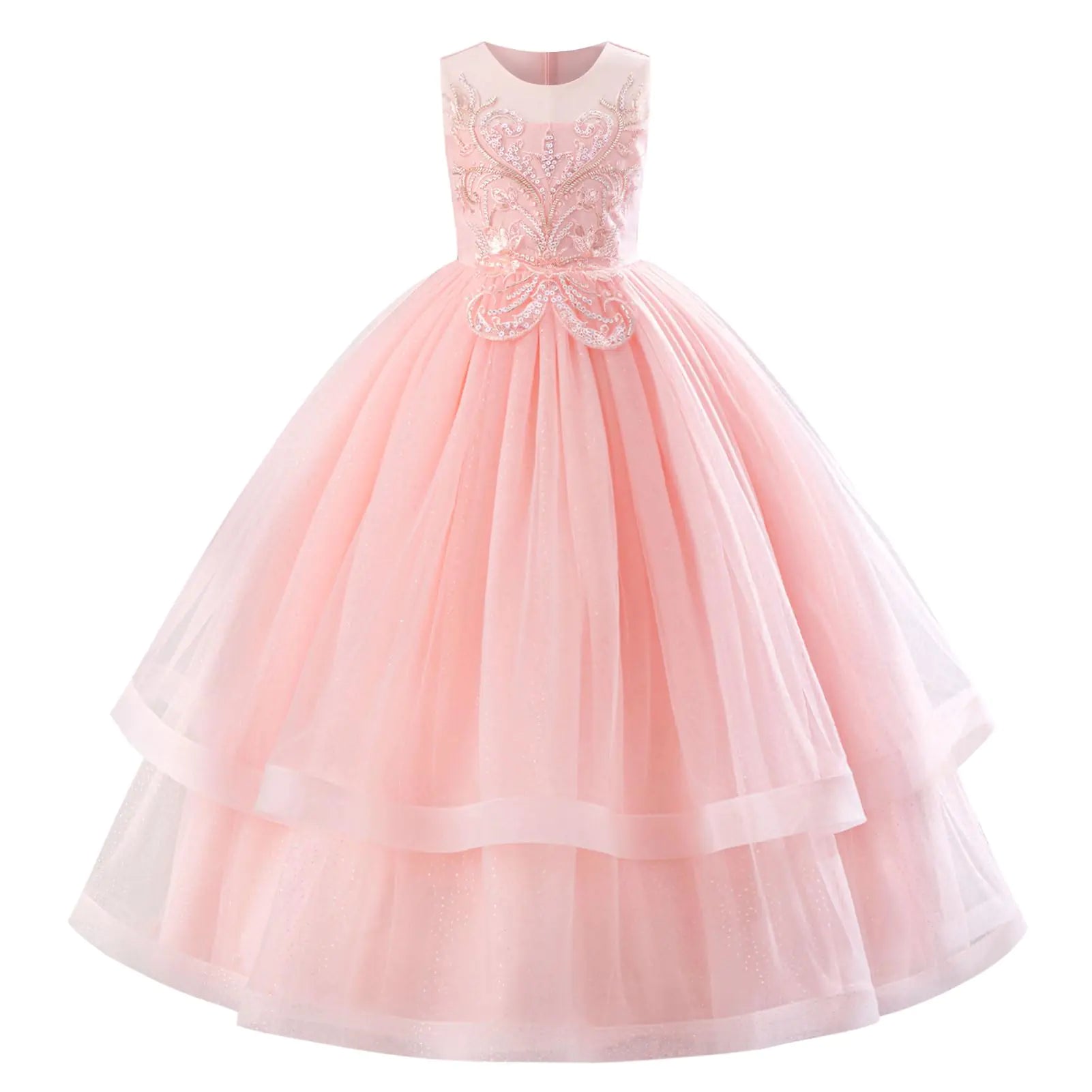 IDOPIP Flower Girl Sequin Lace Dress for Kids-Wedding Bridesmaid Pageant Party Formal Long Maxi Gown-Little Princess First Communion Birthday Prom Shiny Appliques Puffy Tulle Dresses-Pink - 6-7 Years - # GIAA211710024