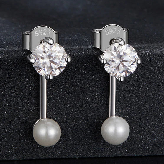 Moissanite Pearl Stud Earrings 925 Sterling Silver Lab Diamond CZ Bridal Gift