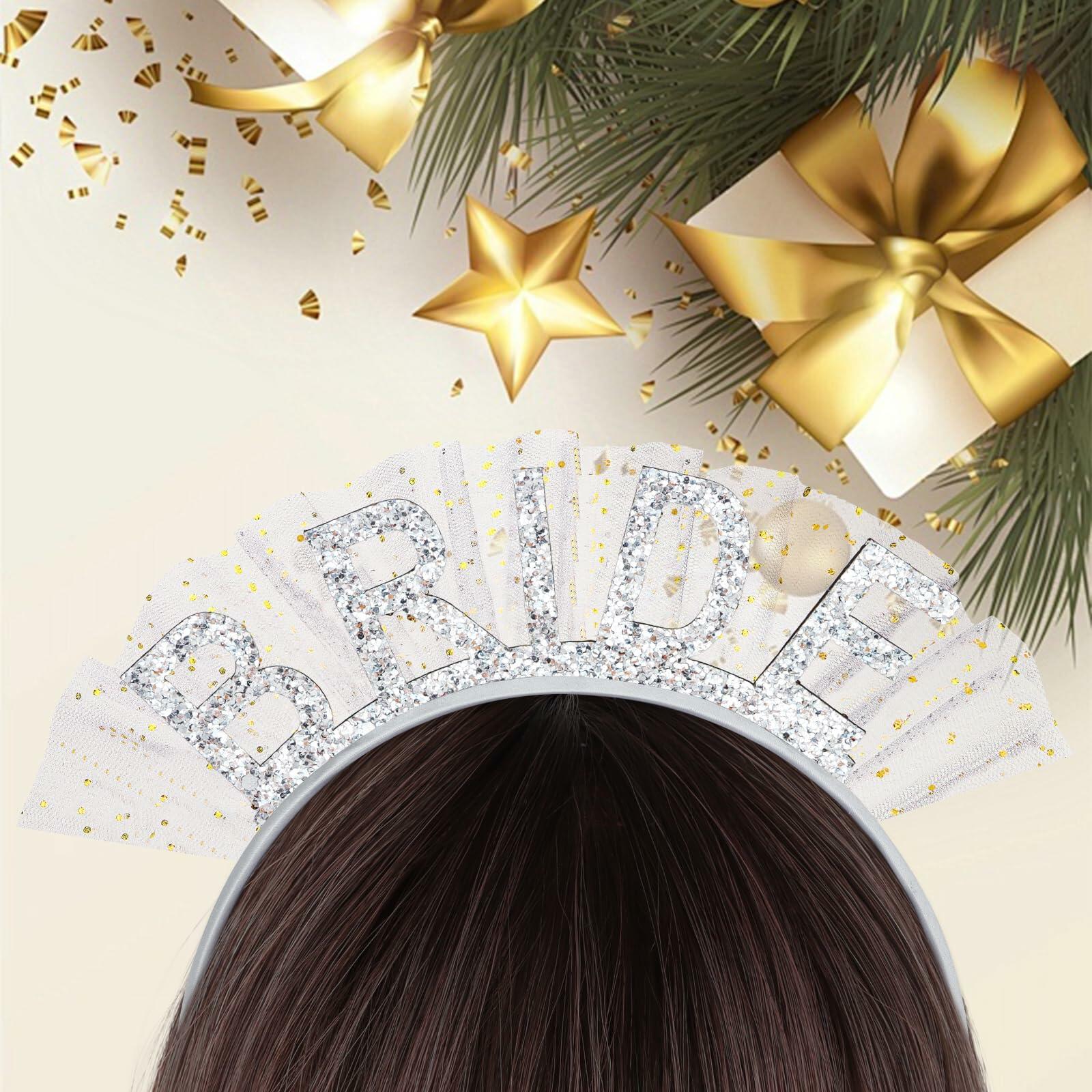 BAHABY Silver Glitter Bride Headband with Short Veil Bridal Shower Wedding