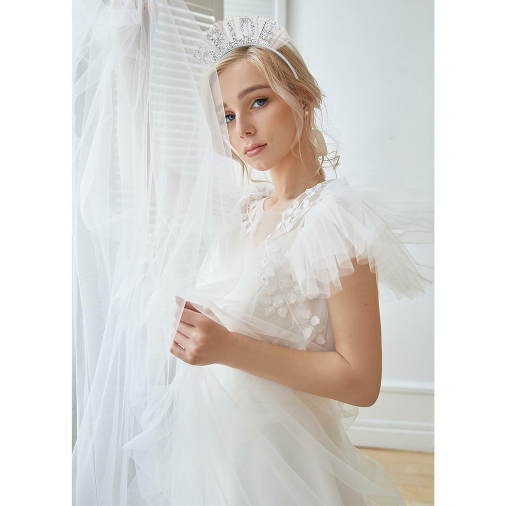 BAHABY Silver Glitter Bride Headband with Short Veil Bridal Shower Wedding