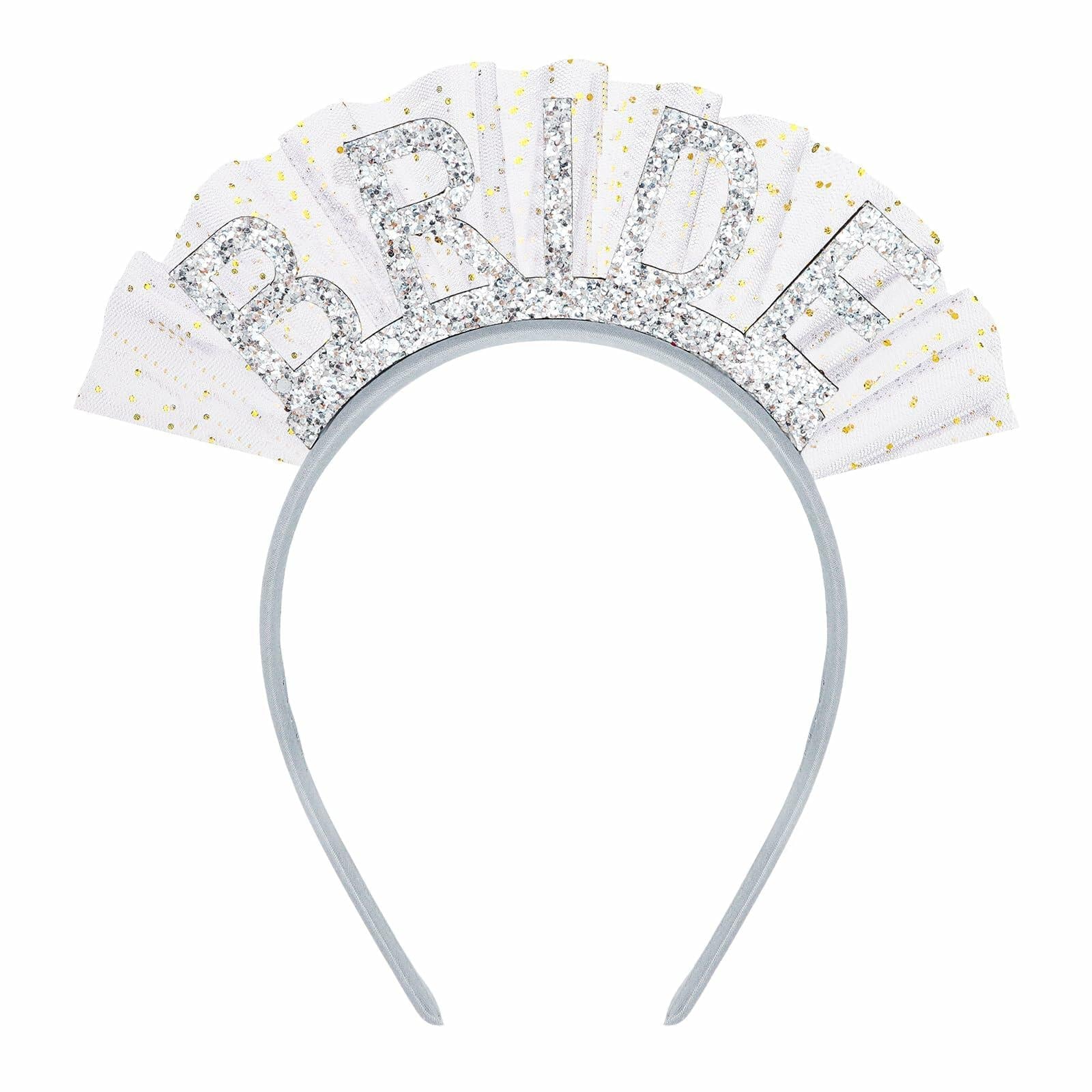 BAHABY Silver Glitter Bride Headband with Short Veil Bridal Shower Wedding