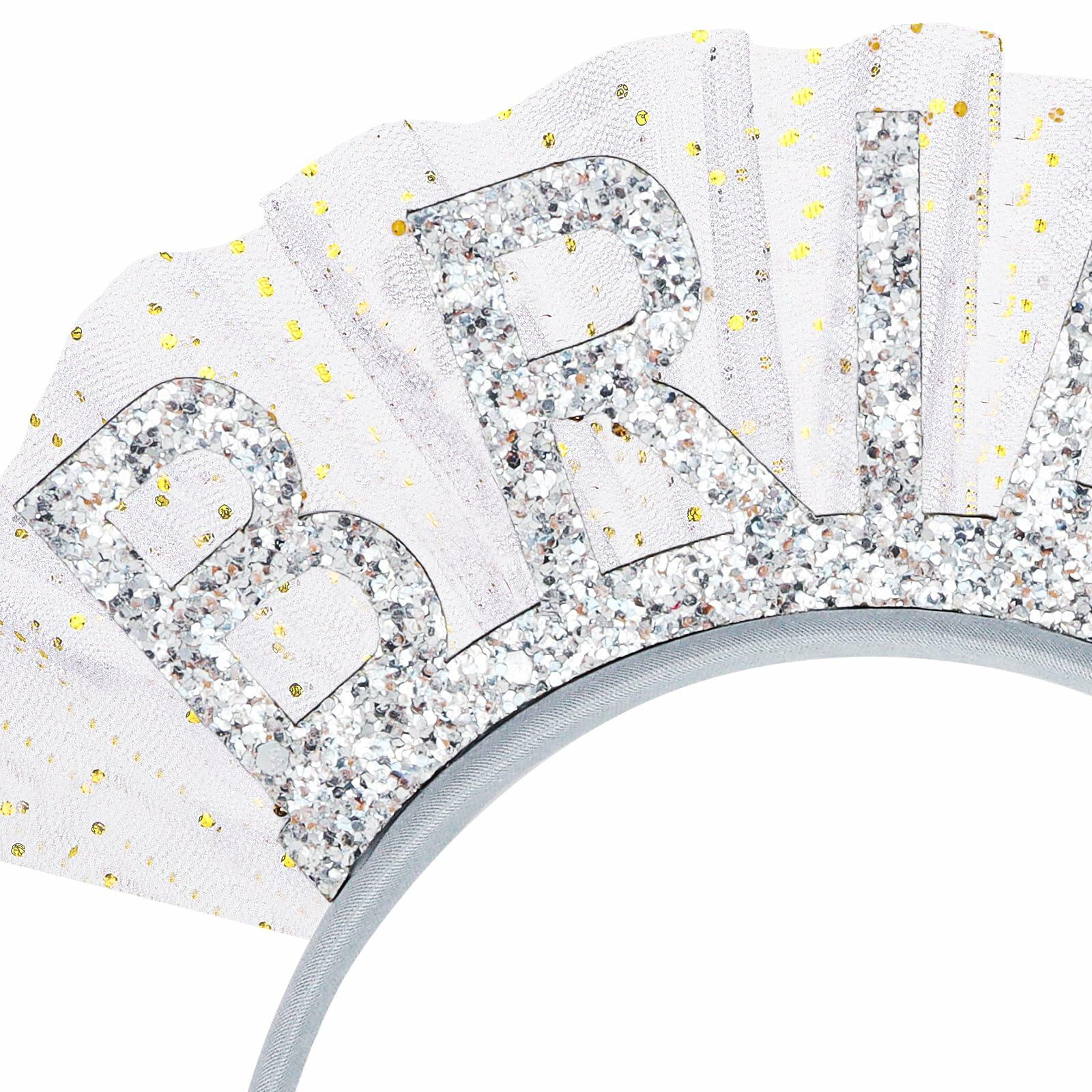 BAHABY Silver Glitter Bride Headband with Short Veil Bridal Shower Wedding