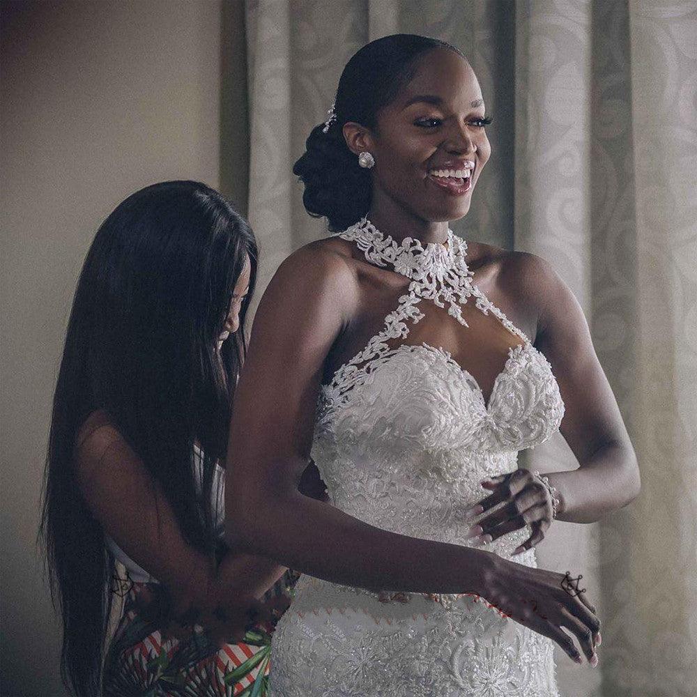 Vintage Lace Beaded Mermaid Wedding Dress - Sheer Neck Bridal Gown